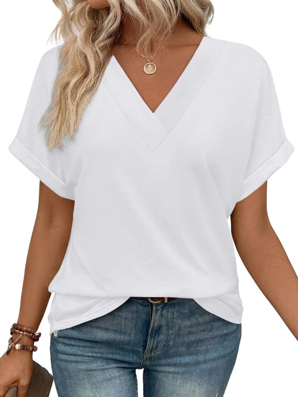 Women's White Short Dolmen Sleeve V Neck Outfits Clothes Tops T Shirts